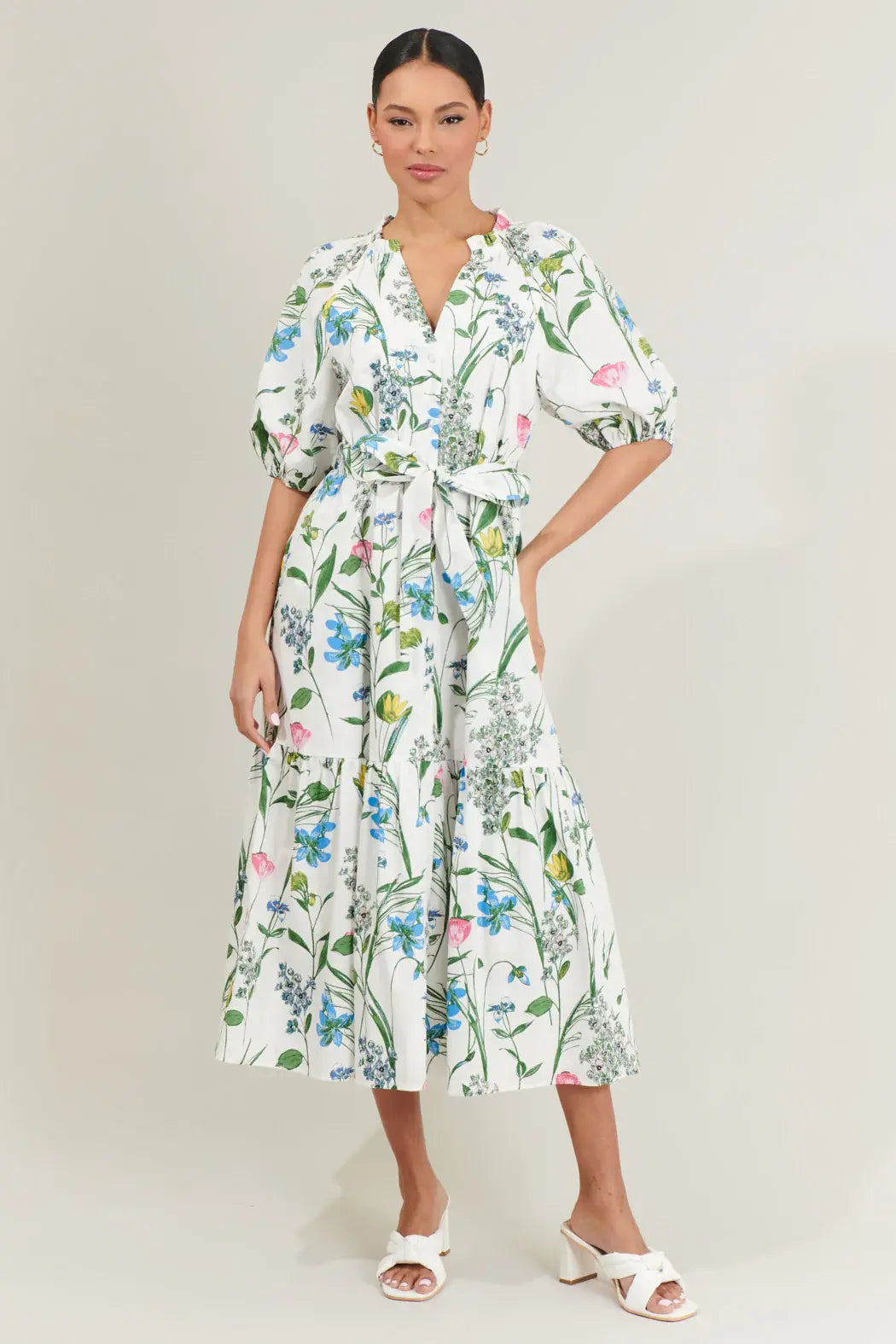 GARDEN FLORAL TIERED MIDI W/BELT
