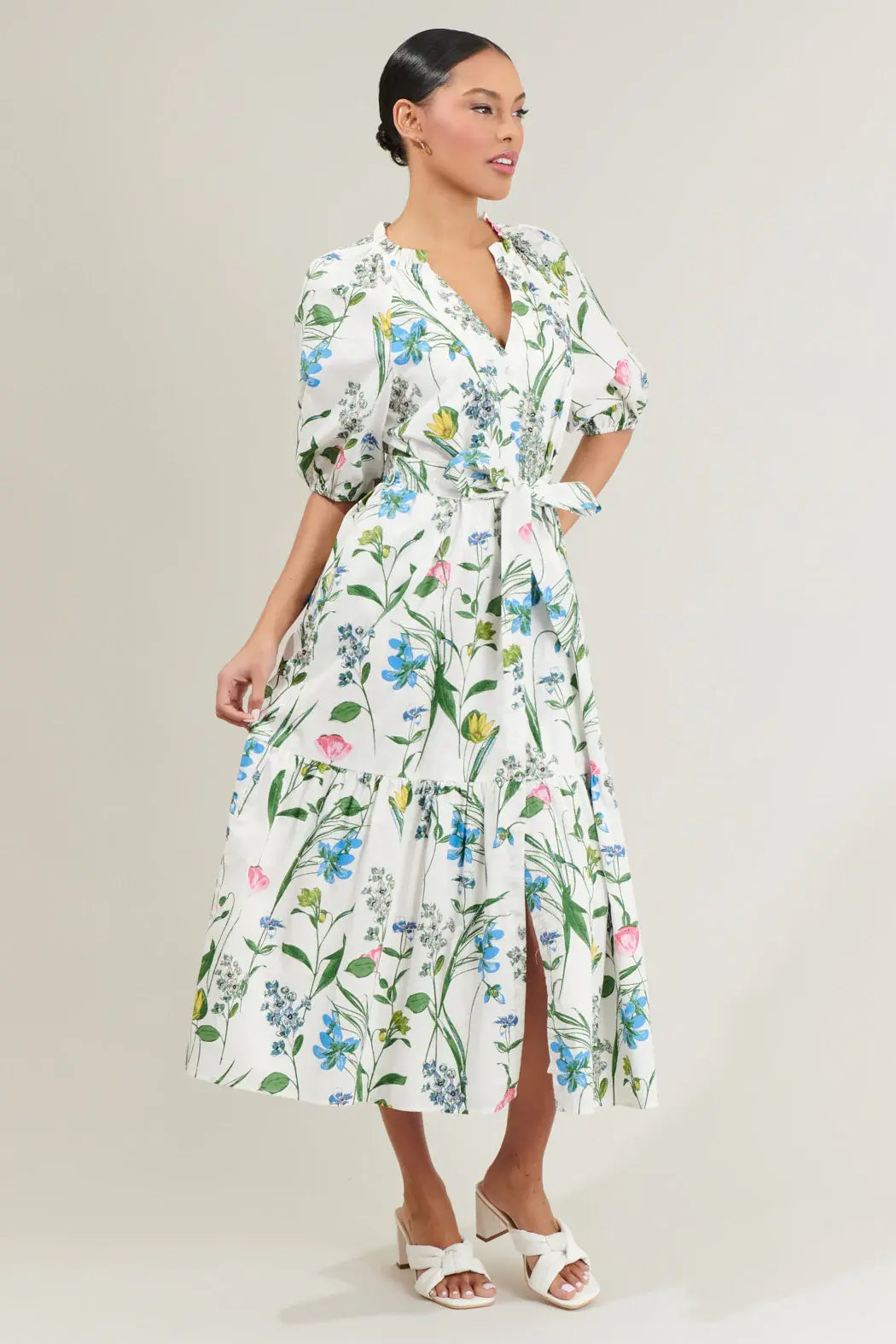 GARDEN FLORAL TIERED MIDI W/BELT