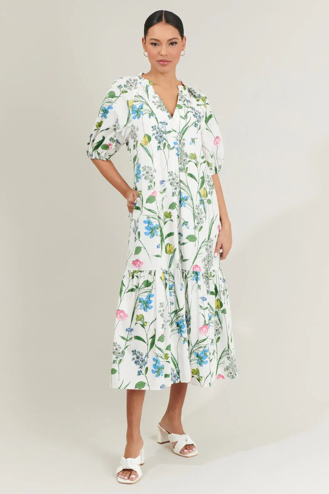 GARDEN FLORAL TIERED MIDI W/BELT