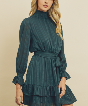SATIN STRIPE RUFFLED DRESS