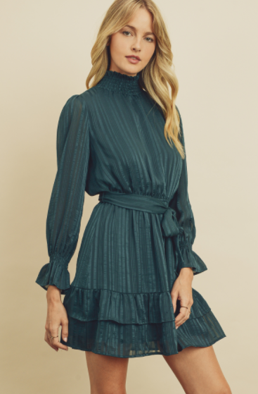 SATIN STRIPE RUFFLED DRESS