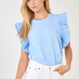 POPLIN KNIT RUFFLE SLEEVE TOP