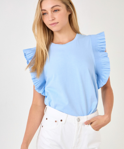 POPLIN KNIT RUFFLE SLEEVE TOP