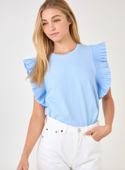 POPLIN KNIT RUFFLE SLEEVE TOP