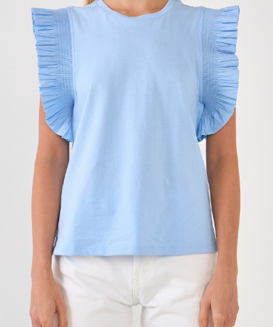 POPLIN KNIT RUFFLE SLEEVE TOP