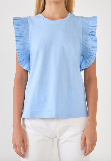 POPLIN KNIT RUFFLE SLEEVE TOP