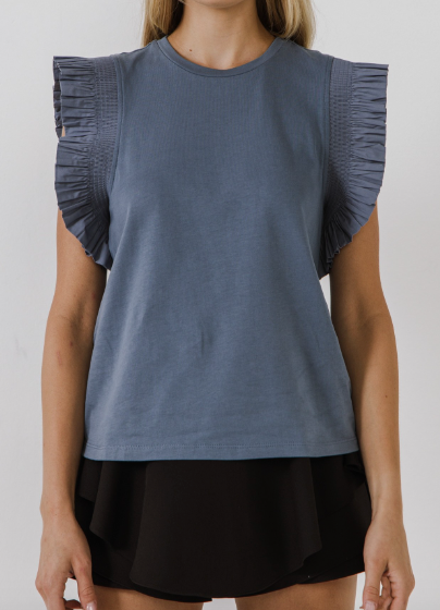 POPLIN KNIT RUFFLE SLEEVE TOP