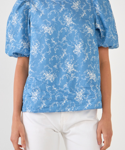 PUFF SLV FLORAL CHAMBRAY TOP