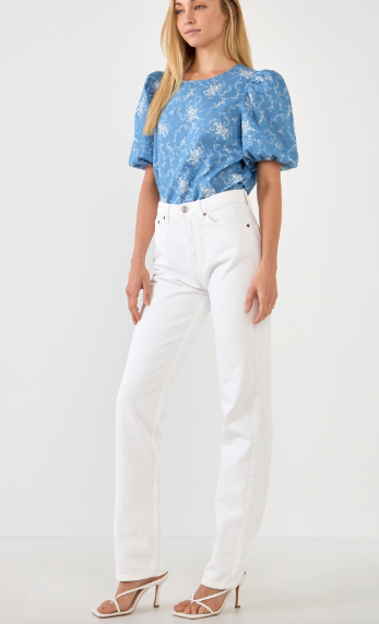 PUFF SLV FLORAL CHAMBRAY TOP