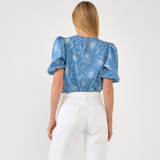 PUFF SLV FLORAL CHAMBRAY TOP