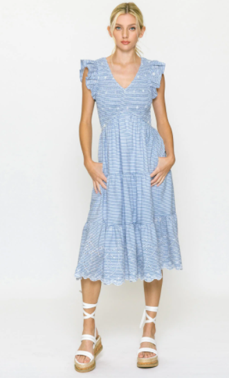 STRIPED EYELET DRESS