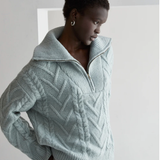 FRONT ZIP CHUNKY CABLE KNIT SWEATER