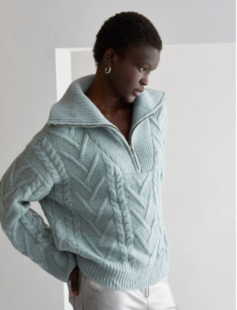 FRONT ZIP CHUNKY CABLE KNIT SWEATER