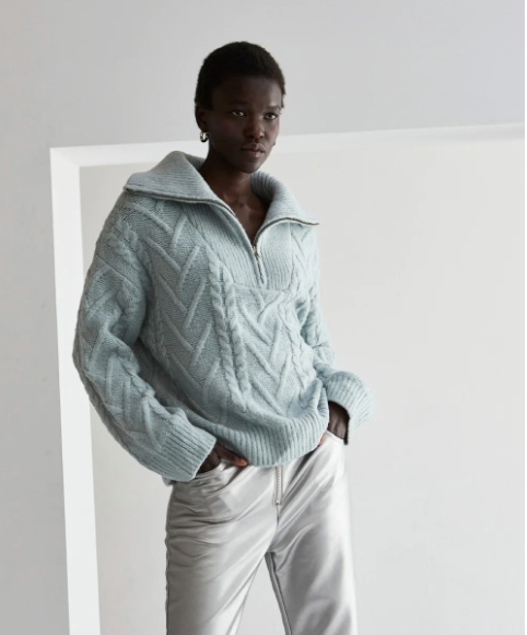 FRONT ZIP CHUNKY CABLE KNIT SWEATER
