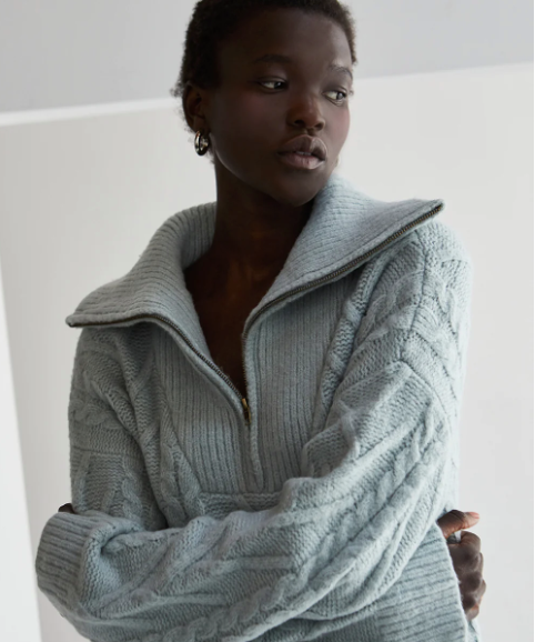 FRONT ZIP CHUNKY CABLE KNIT SWEATER
