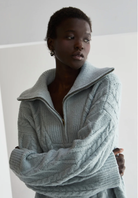 FRONT ZIP CHUNKY CABLE KNIT SWEATER