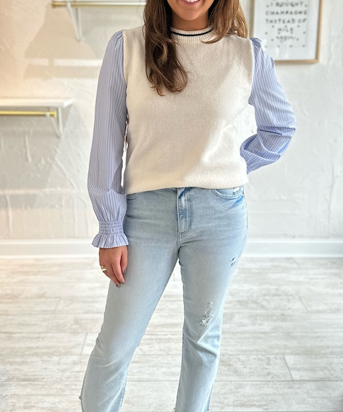 STRIPE SLEEVE KNIT SWEATER