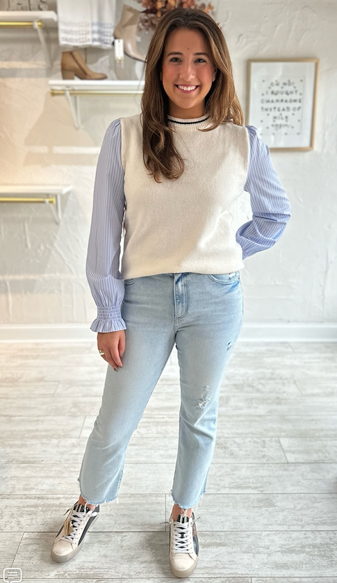 STRIPE SLEEVE KNIT SWEATER