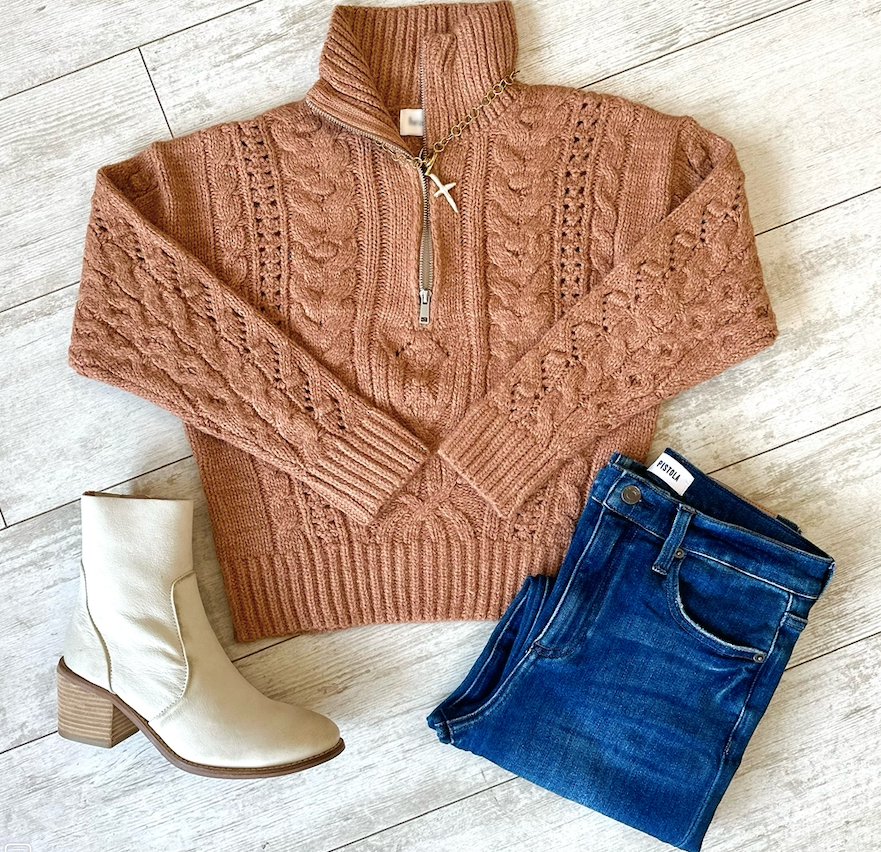 CABLE KNIT HALF ZIP ZOE SWEATER