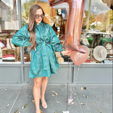 LSLV SMOCKING NECK BELTED WAIST DRESS