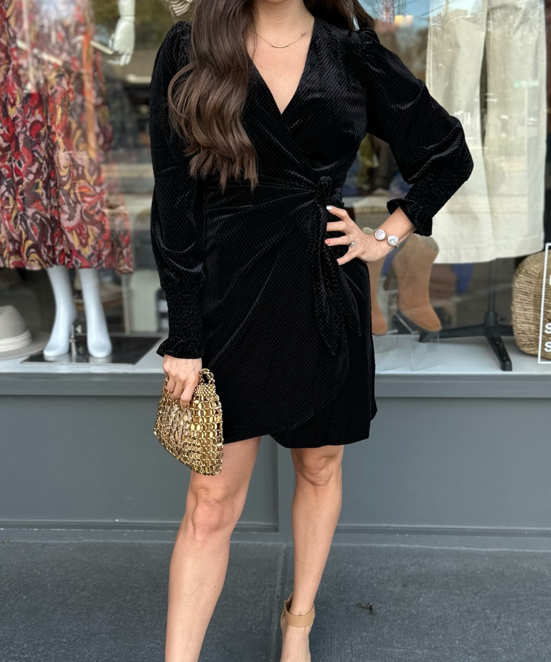 TEXTURED VELVET WRAP DRESS