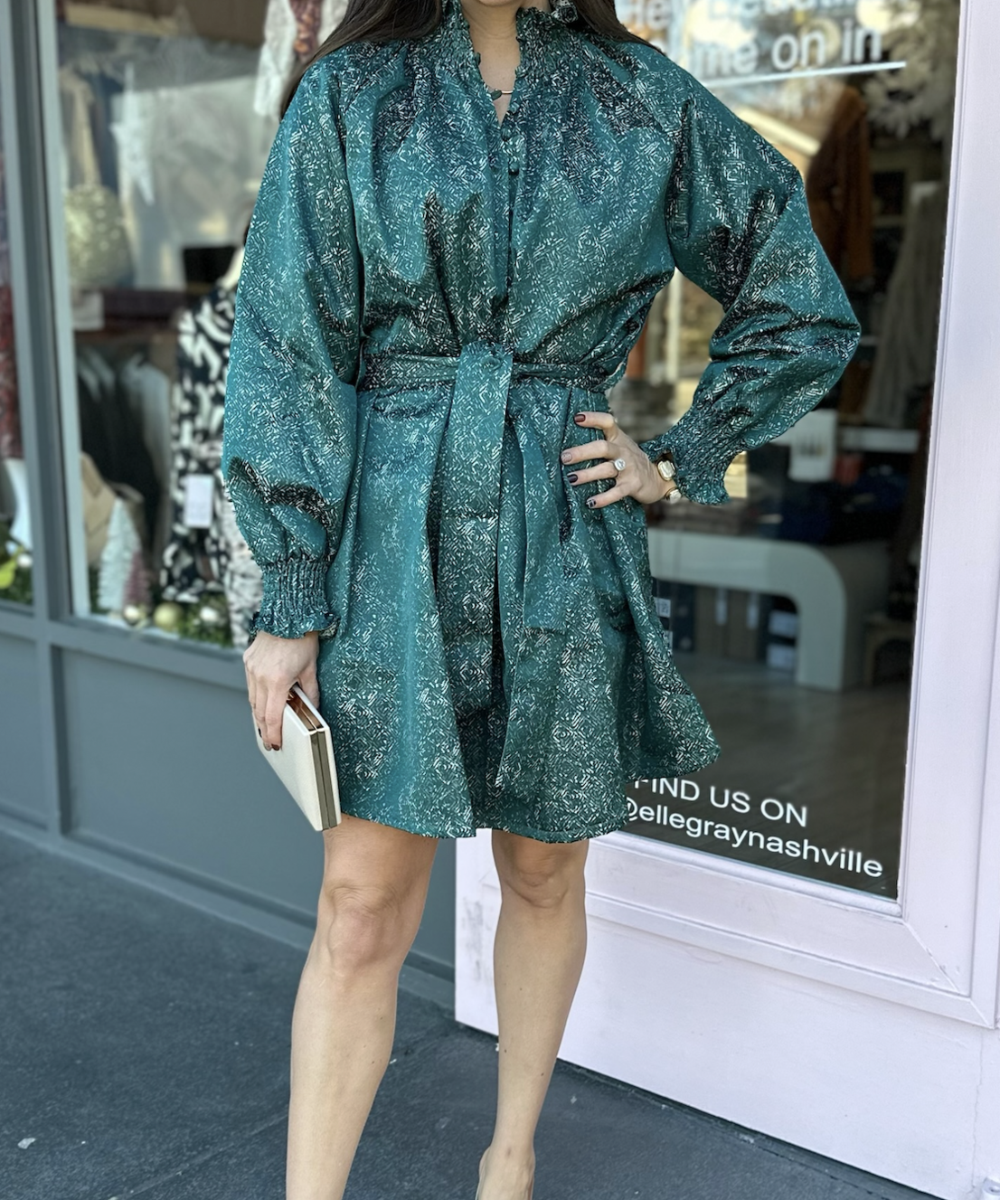 LSLV SMOCKING NECK BELTED WAIST DRESS
