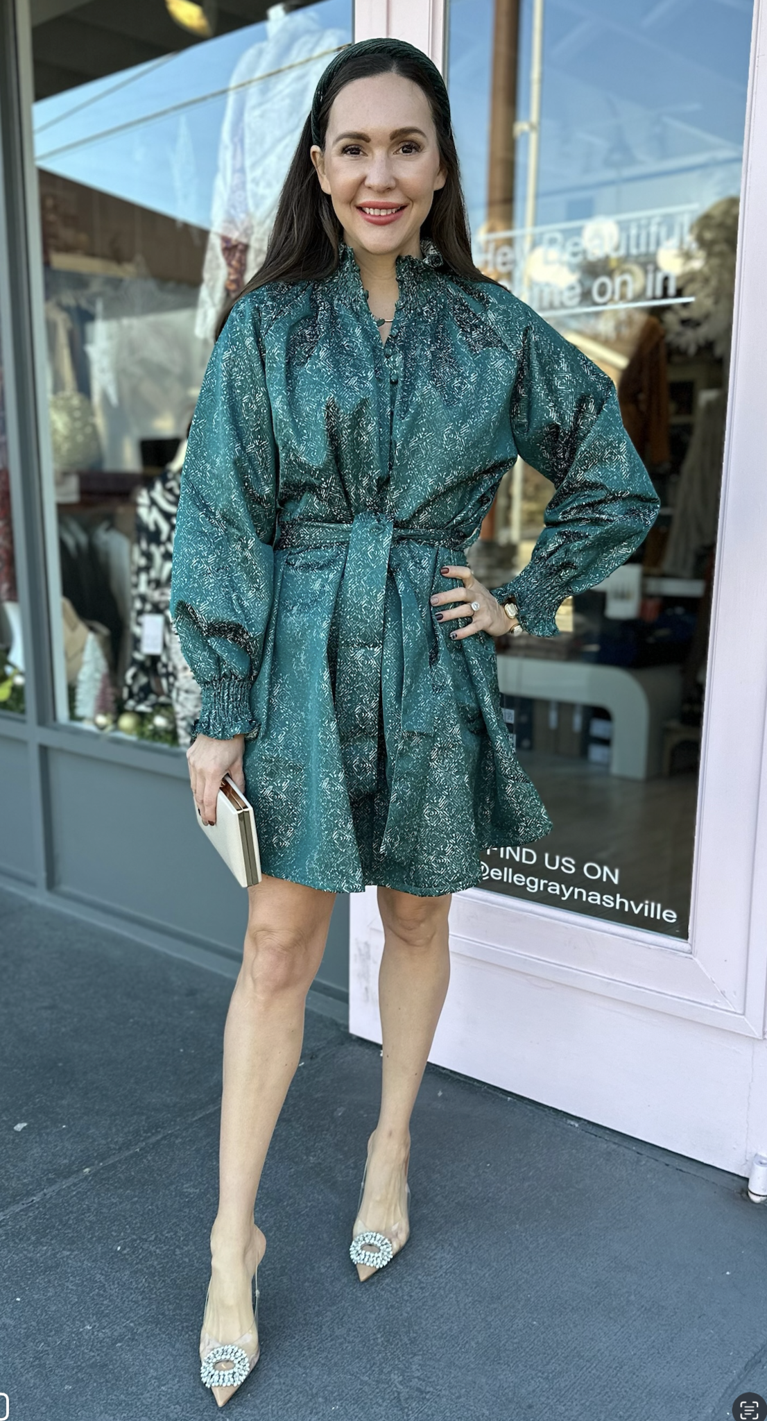 LSLV SMOCKING NECK BELTED WAIST DRESS