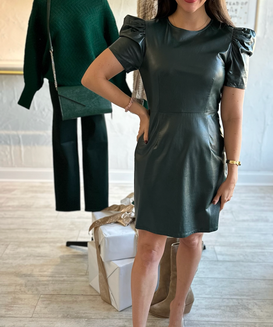 PUFF SLEEVE LEATHER MINI DRESS