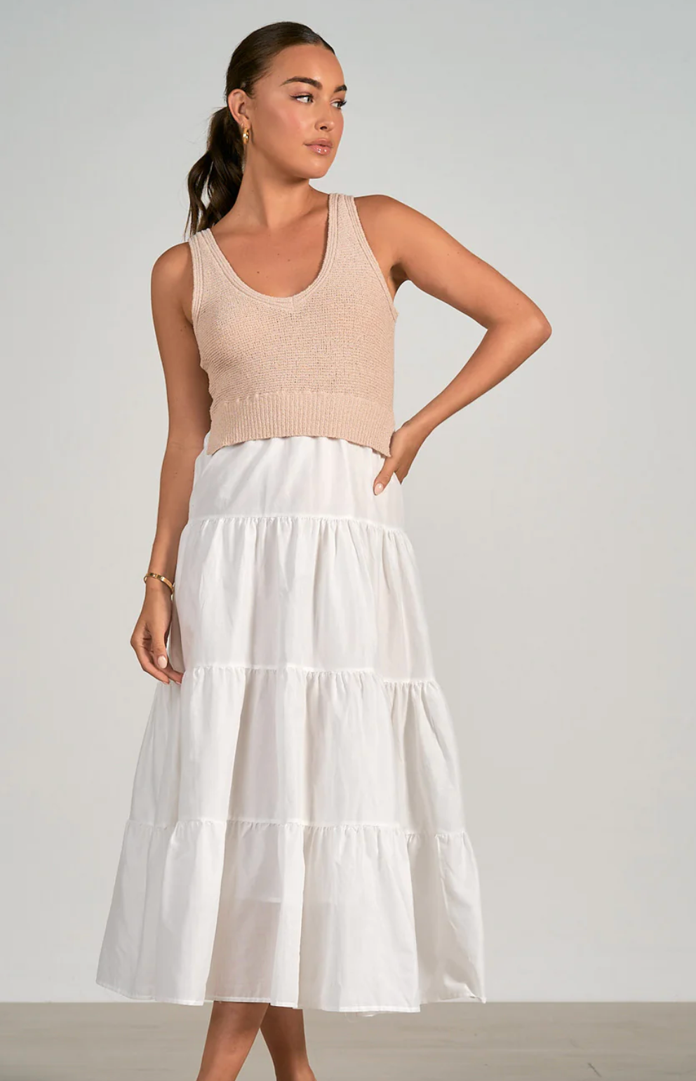 WHITE TIERED MIDI WITH TAUPE KNIT TOP