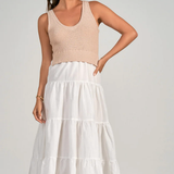 WHITE TIERED MIDI WITH TAUPE KNIT TOP