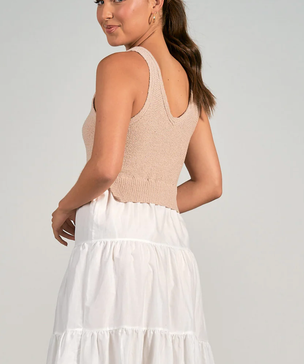WHITE TIERED MIDI WITH TAUPE KNIT TOP
