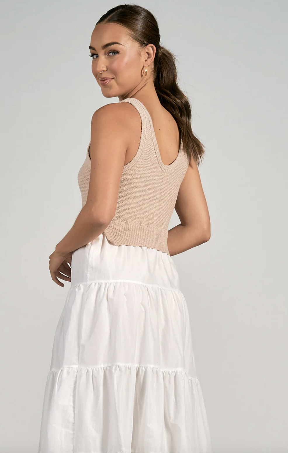 WHITE TIERED MIDI WITH TAUPE KNIT TOP