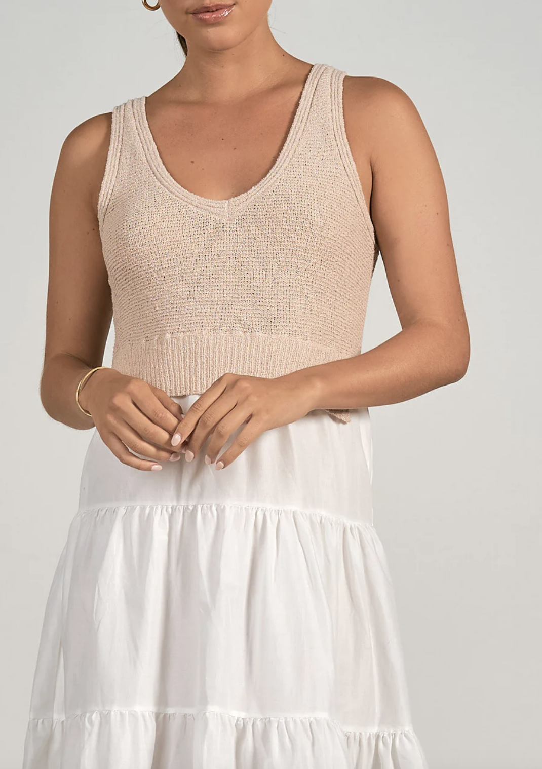 WHITE TIERED MIDI WITH TAUPE KNIT TOP