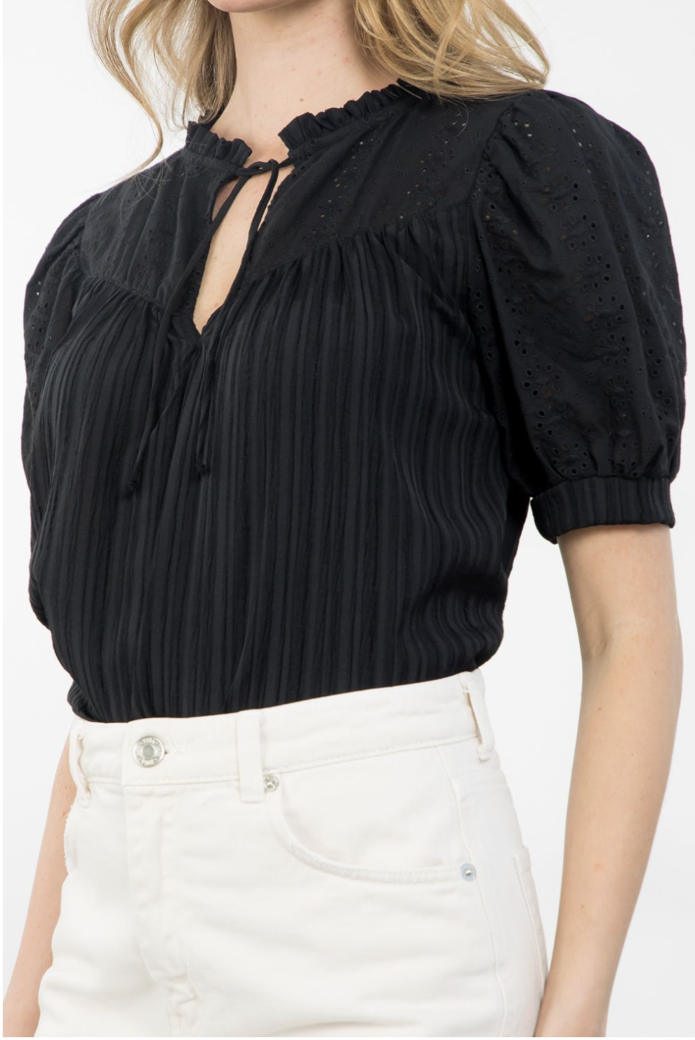 BLACK TASSLE TIE EYELET TOP (last one)