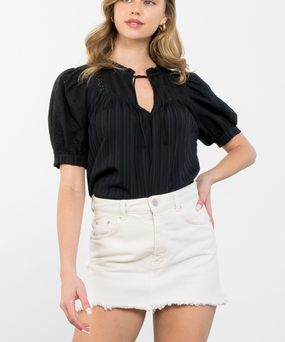 BLACK TASSLE TIE EYELET TOP (last one)