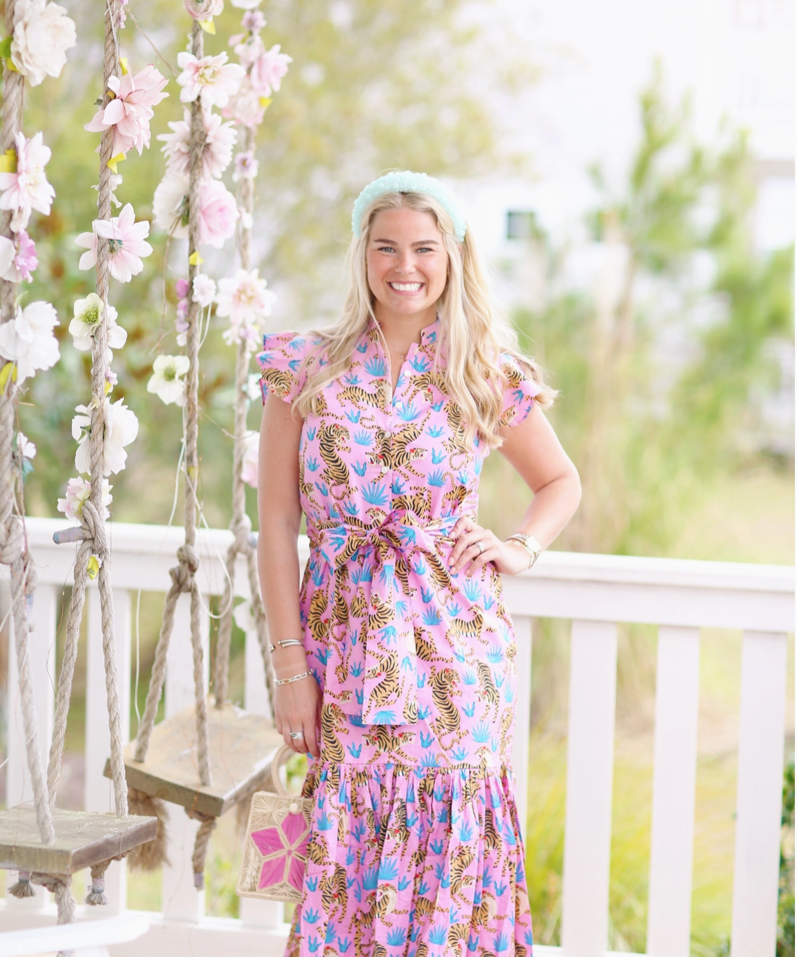 BLUE AND PINK TIGER PRINT MIDI DRESS