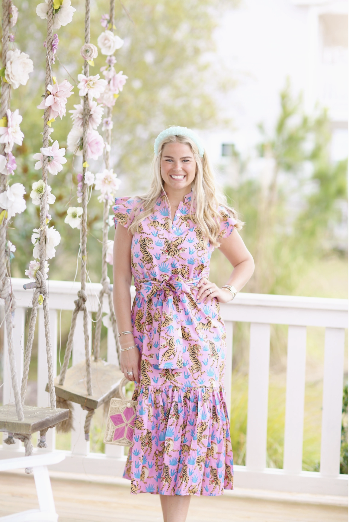 BLUE AND PINK TIGER PRINT MIDI DRESS