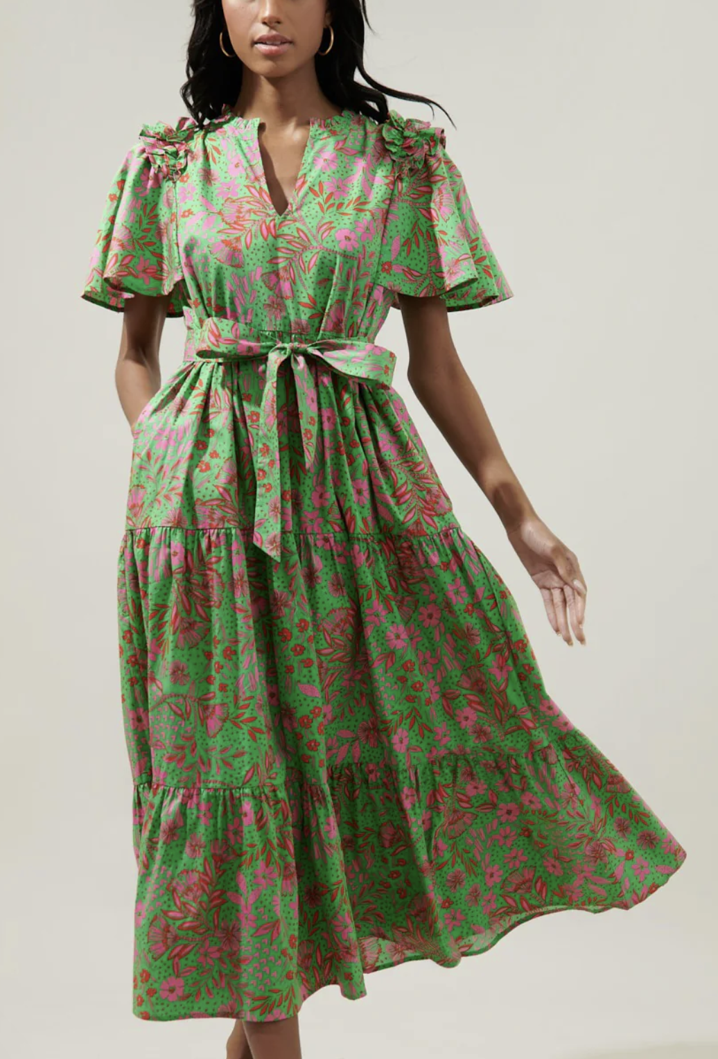 BILLOWY SLEEVE FLORAL TIERED MIDI DRESS