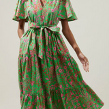 BILLOWY SLEEVE FLORAL TIERED MIDI DRESS