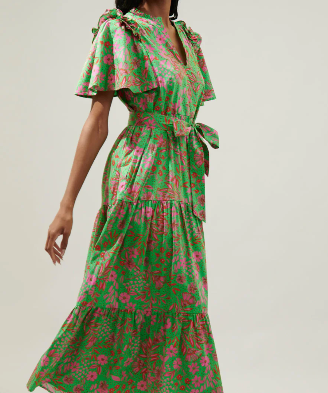 BILLOWY SLEEVE FLORAL TIERED MIDI DRESS