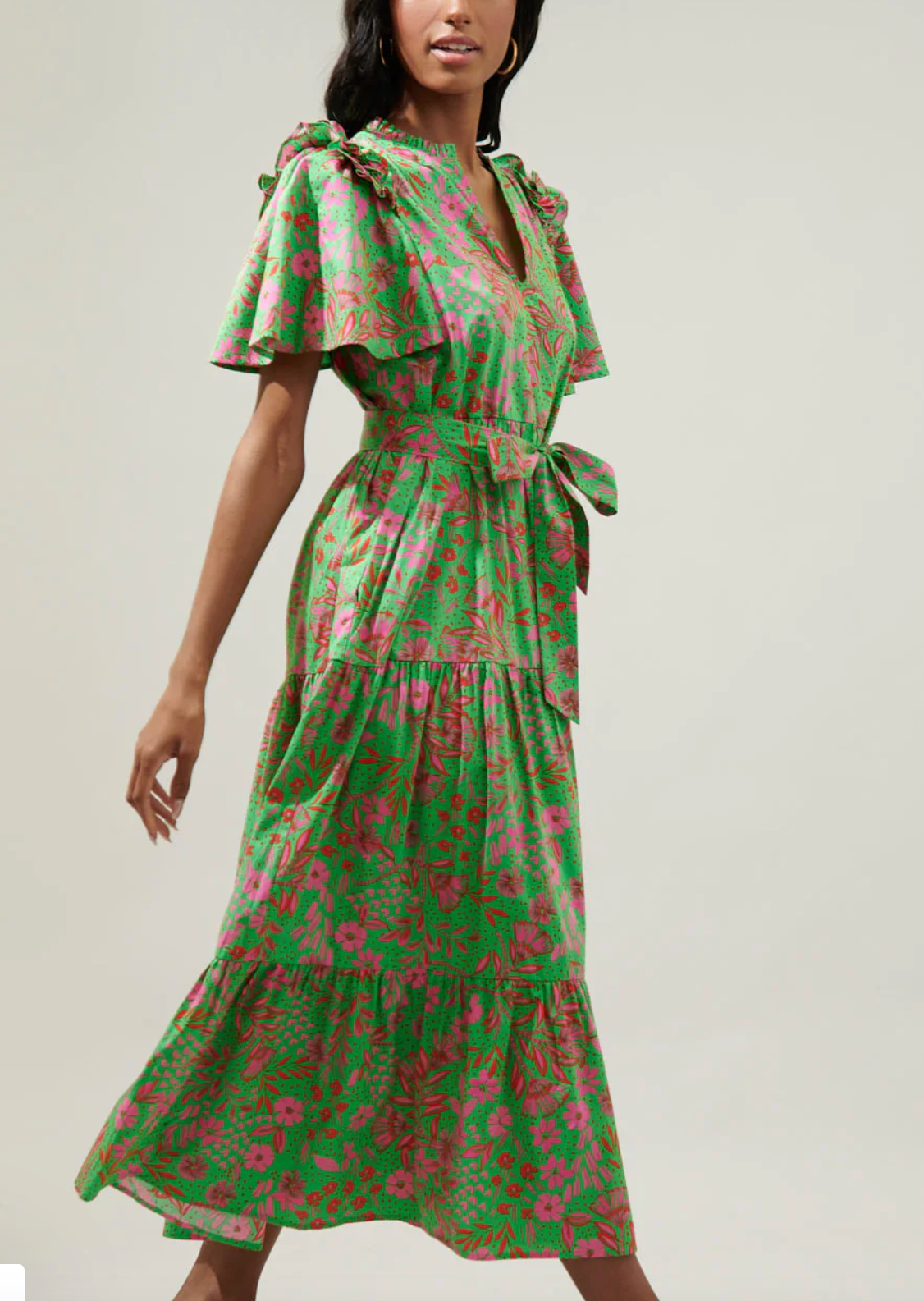 BILLOWY SLEEVE FLORAL TIERED MIDI DRESS