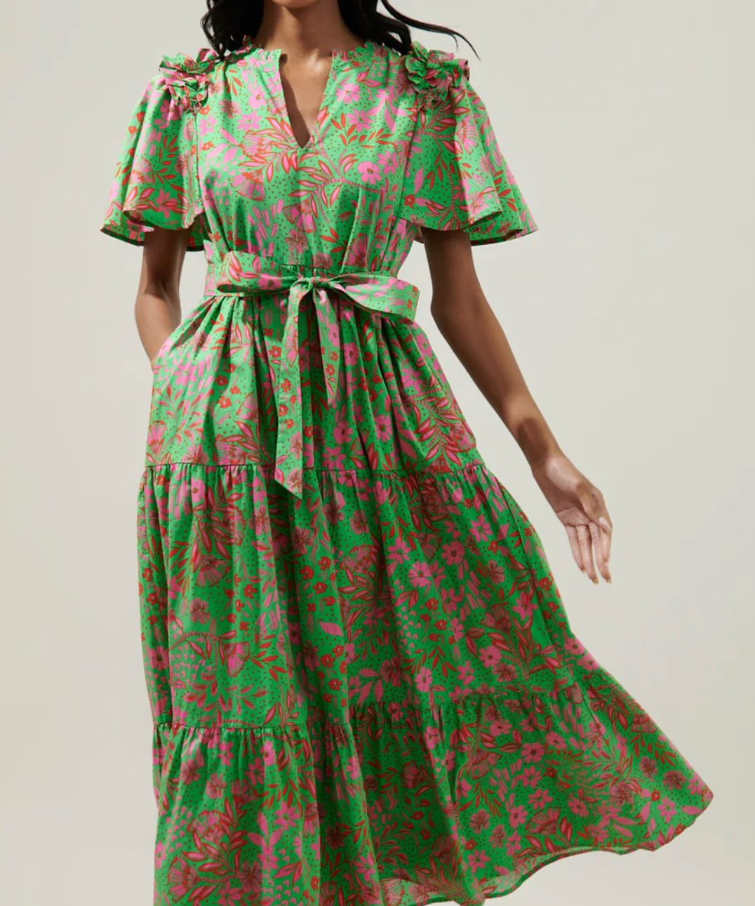BILLOWY SLEEVE FLORAL TIERED MIDI DRESS