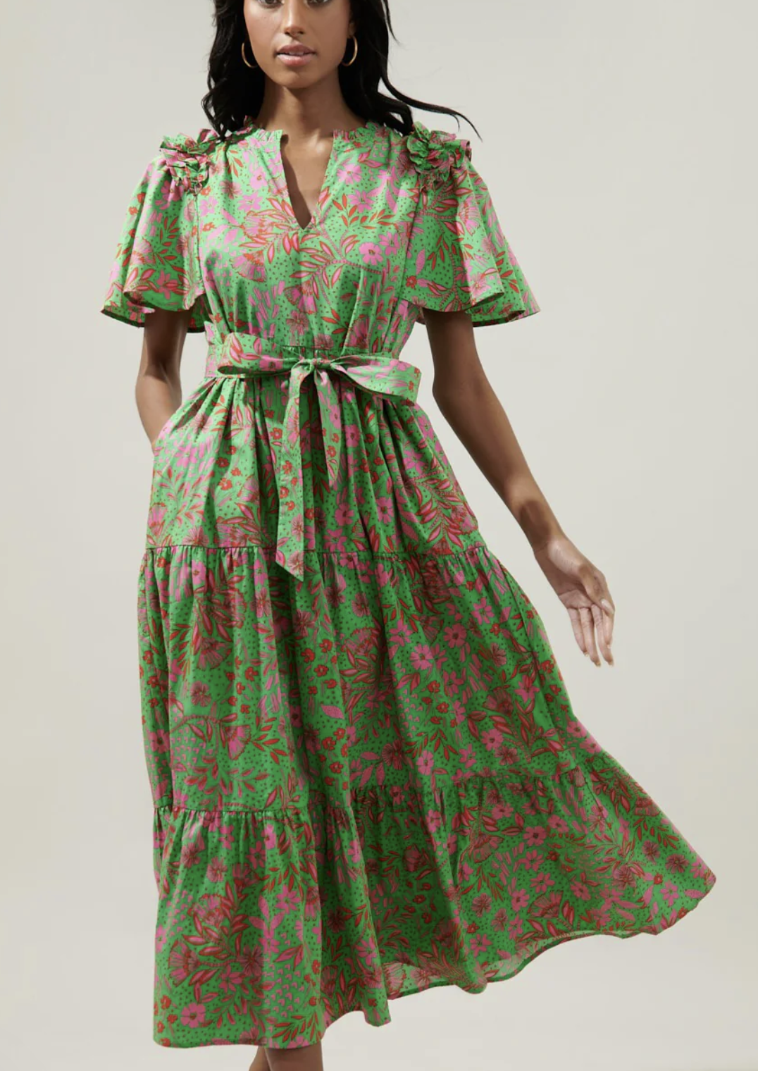 BILLOWY SLEEVE FLORAL TIERED MIDI DRESS