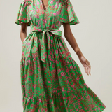 BILLOWY SLEEVE FLORAL TIERED MIDI DRESS