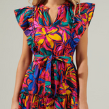 RAINBOW TROPICS FLORAL RUFFLE MINI DRESS