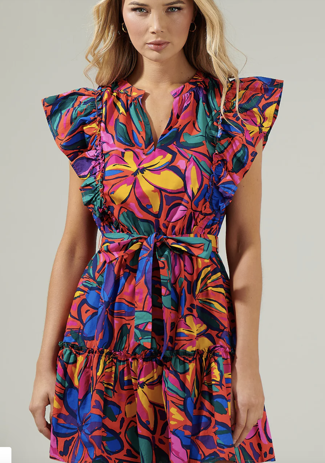 RAINBOW TROPICS FLORAL RUFFLE MINI DRESS