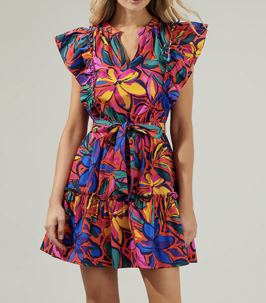 RAINBOW TROPICS FLORAL RUFFLE MINI DRESS