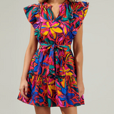 RAINBOW TROPICS FLORAL RUFFLE MINI DRESS