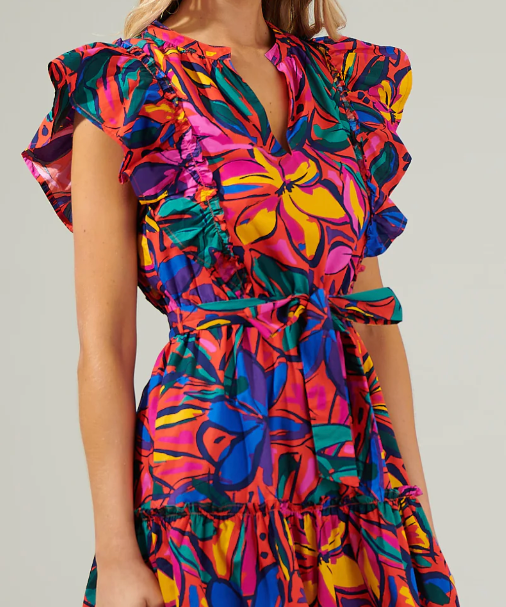 RAINBOW TROPICS FLORAL RUFFLE MINI DRESS