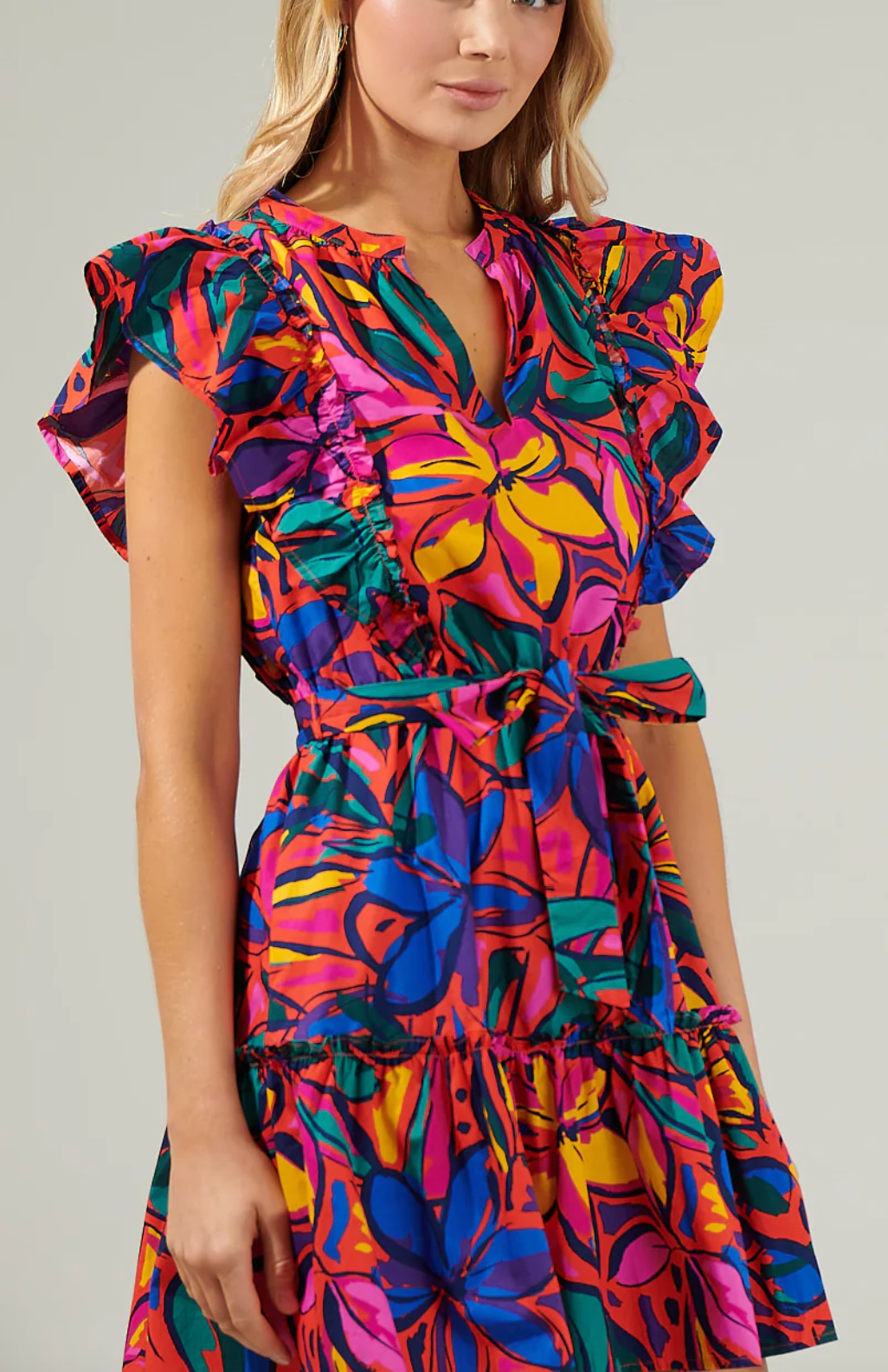 RAINBOW TROPICS FLORAL RUFFLE MINI DRESS